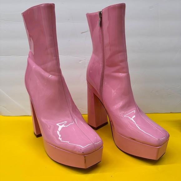 Unbranded Shoes - Pink Patent Leather Platform Boots Square Toe Block Heel Mid Calf Side Zip Shoes